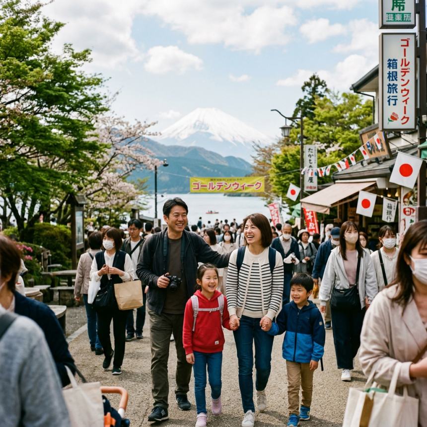 Smiling family walking on a crowded street with Mount Fuji in the background and Japanese flags.